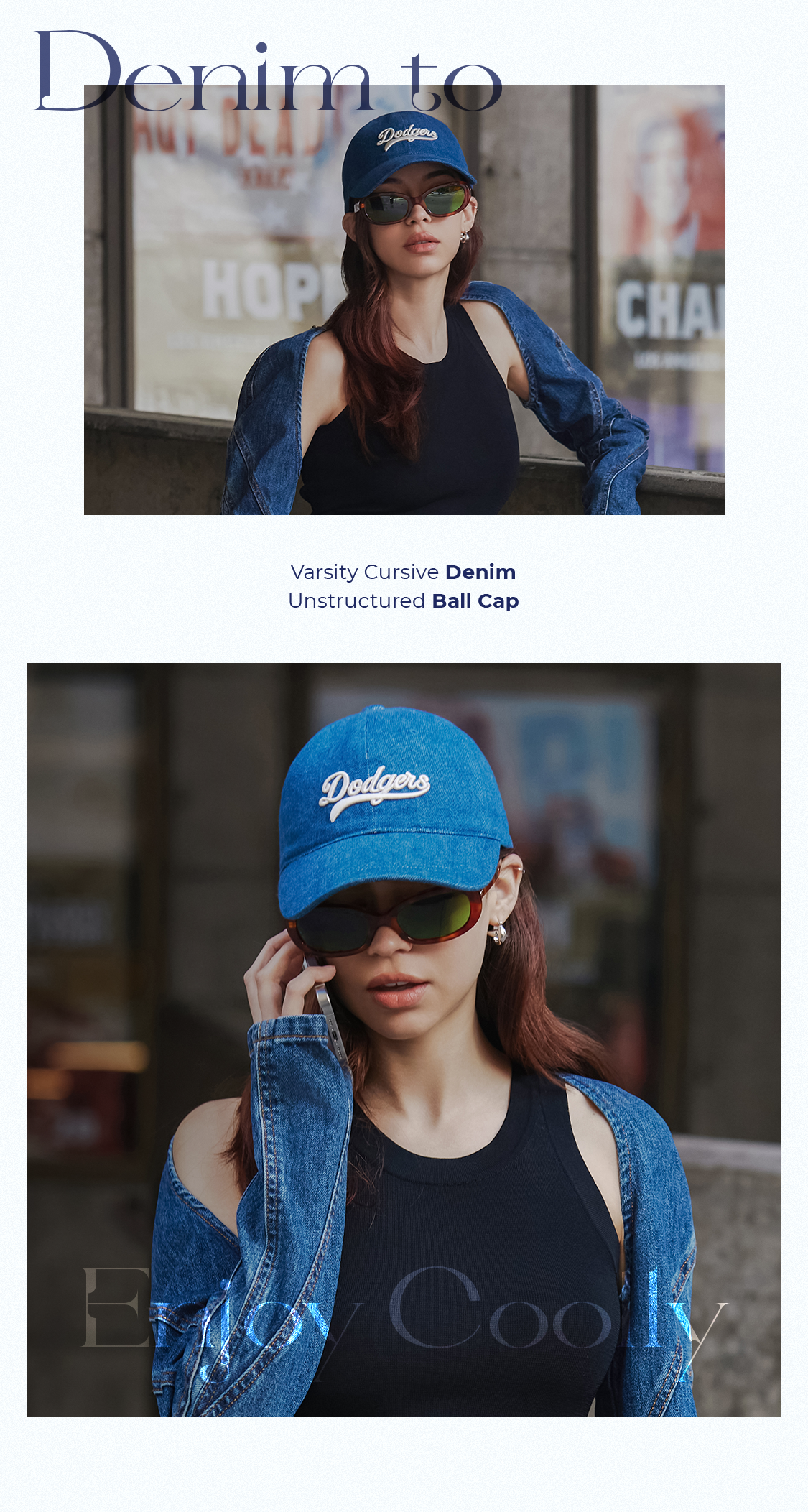 ★MLB Korea★ Cursive Lettering Denim Unstructured Ball Cap MLB Unisex Cursive Lettering Denim Coloration Unstructured