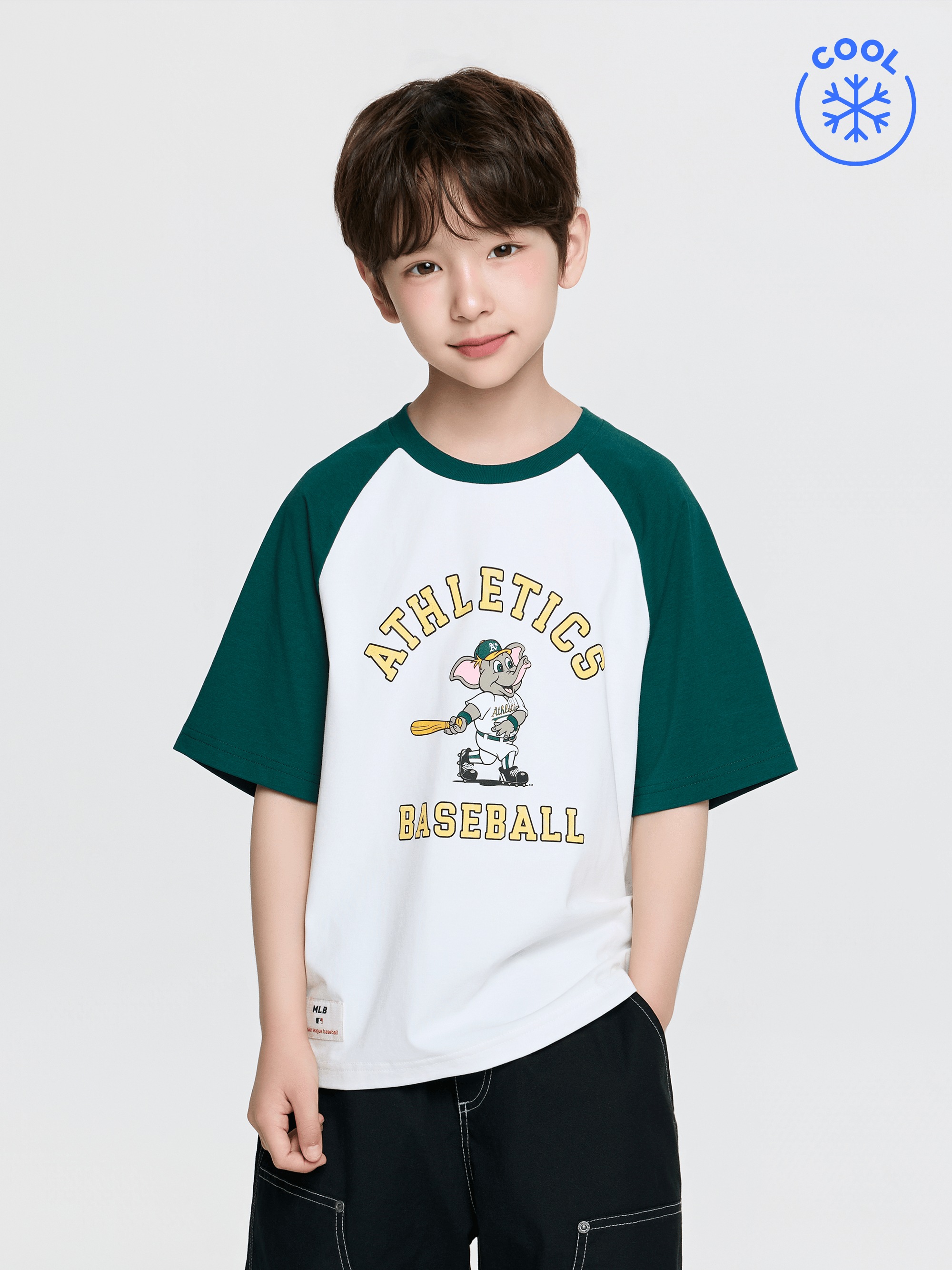 스포티브 마스코트 배색 래글런 티셔츠 오클랜드 어슬레틱스