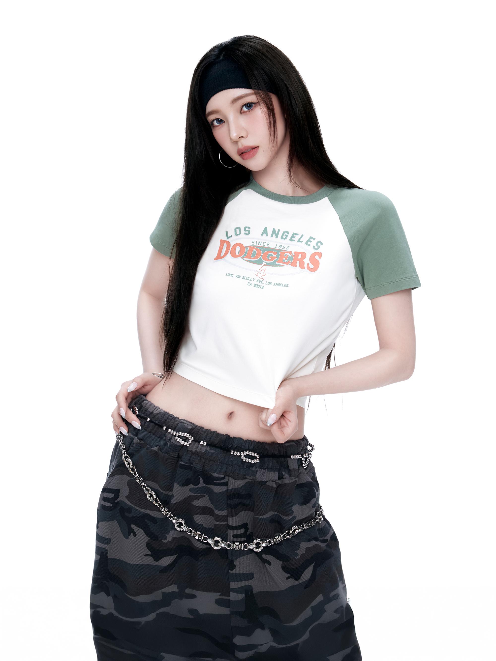 여성 바시티 빈티지 워싱 라글란 크롭 반팔 티셔츠 LA다저스