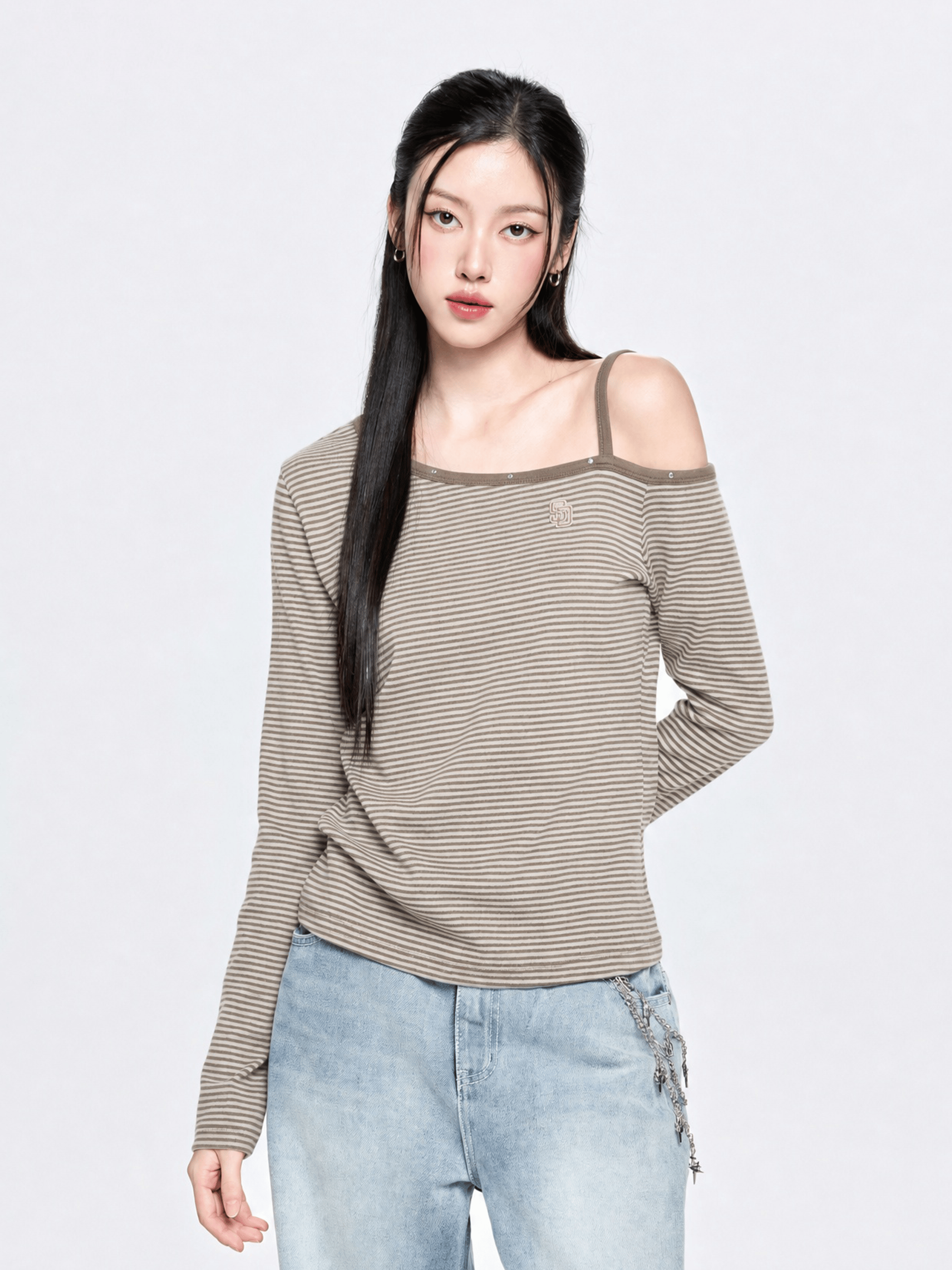 여성 스트라이프 스터드 포인트 오프숄더 긴팔 티셔츠 샌디에이고 파드리스