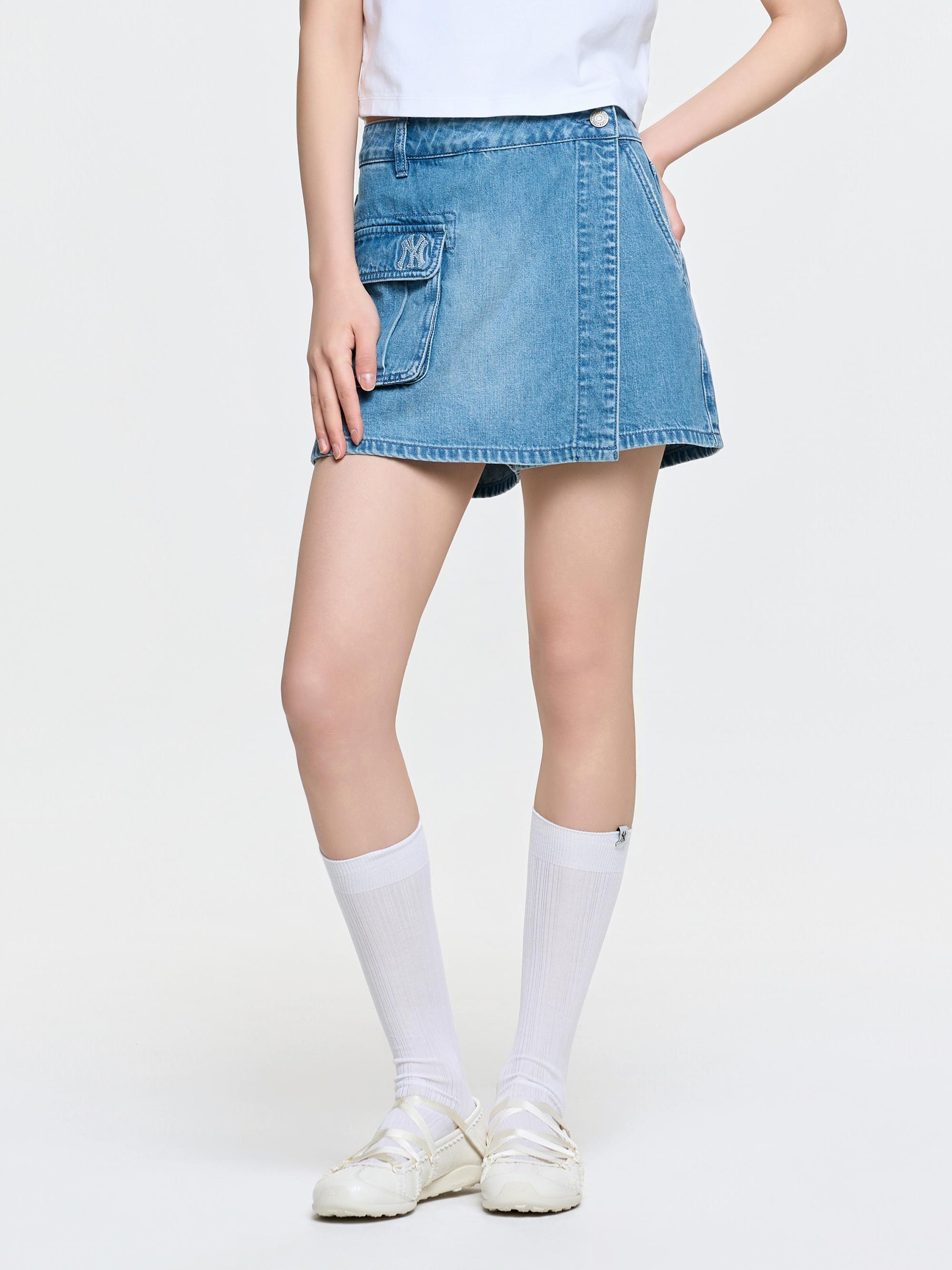 여성 베이직 스몰로고 카고 데님 랩스커트 뉴욕양키스