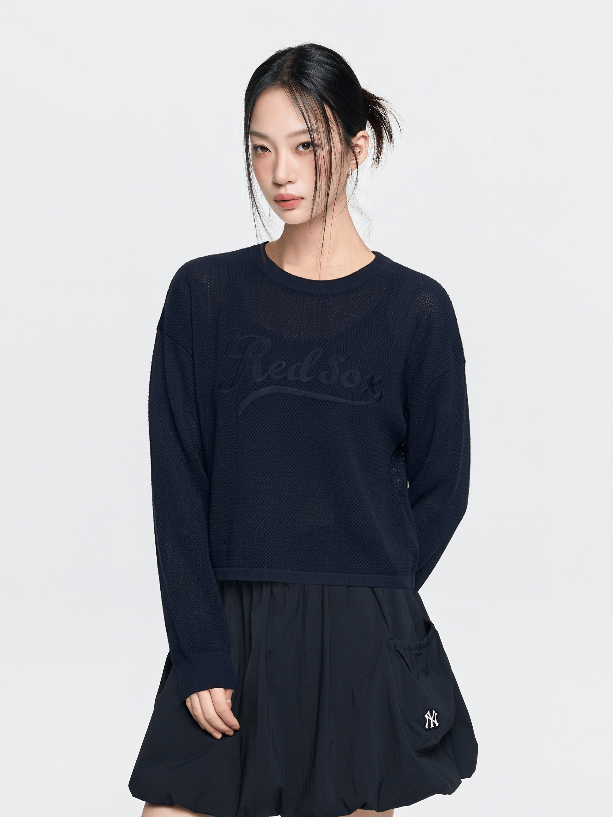 여성 바시티 크로쉐 크롭 스웨터 풀오버 보스턴 레드삭스