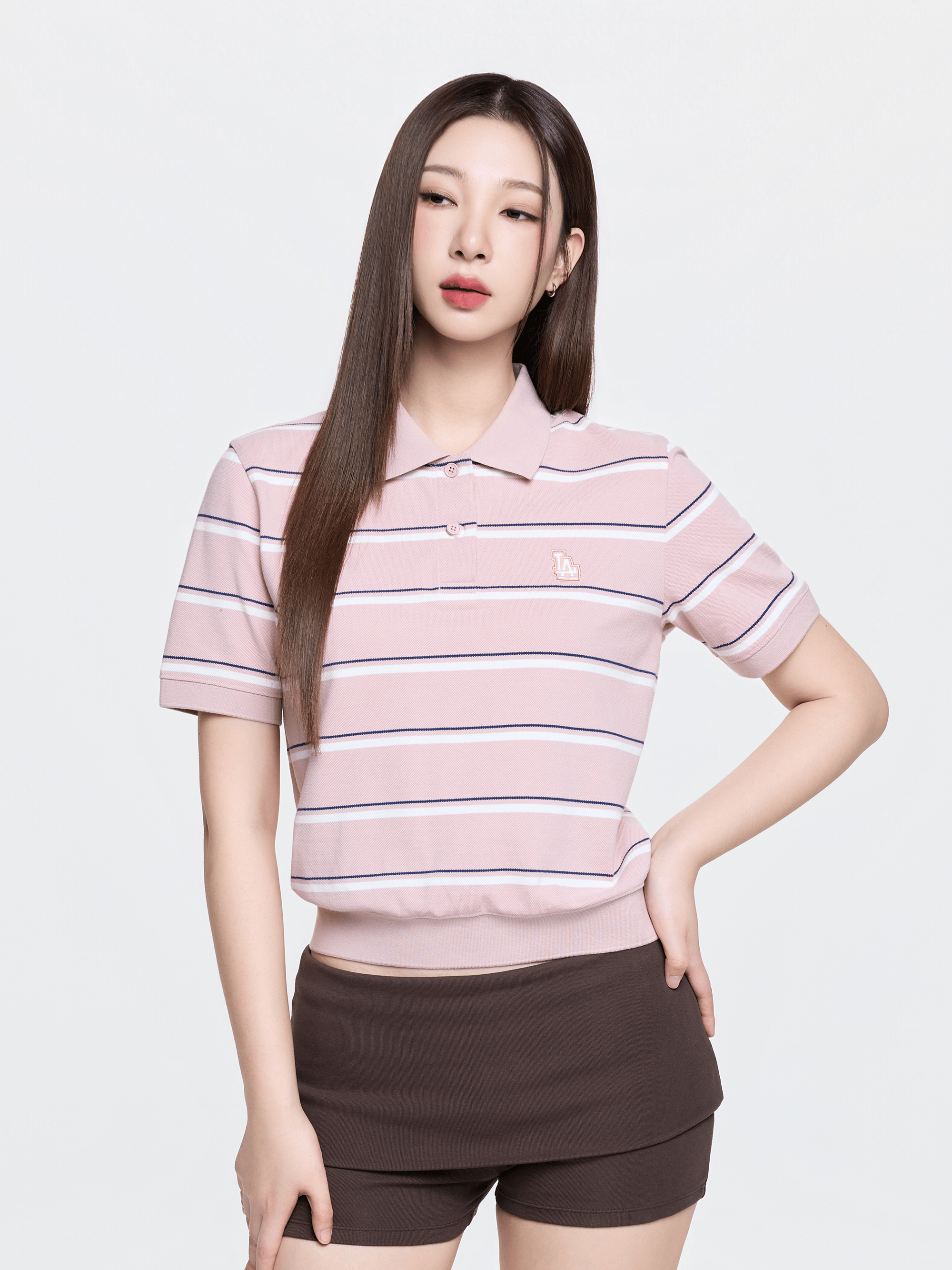 여성 바시티 스트라이프 크롭 카라 티셔츠 LA다저스