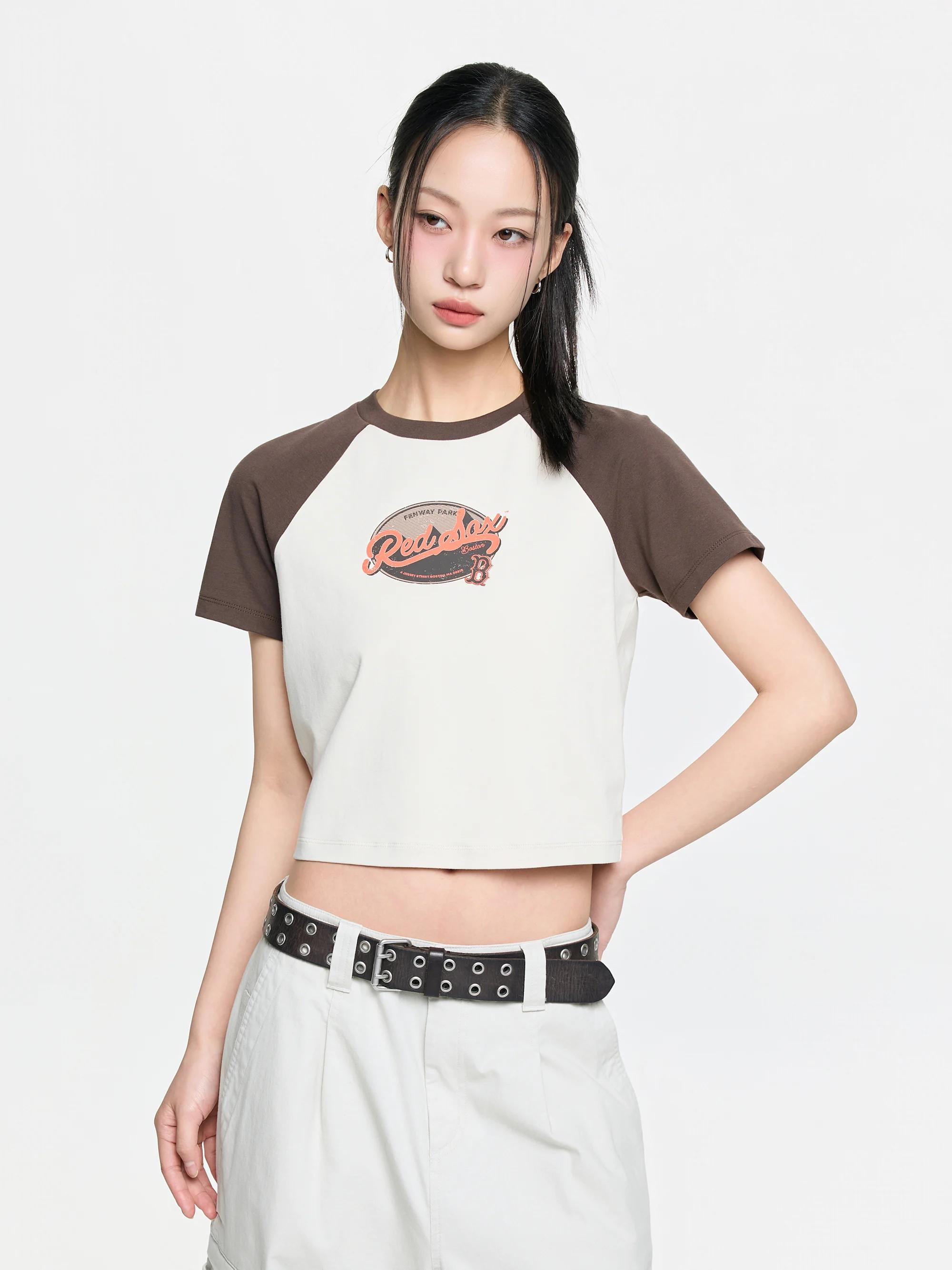 여성 빈티지 컬러블록 크롭 티셔츠 보스턴 레드삭스
