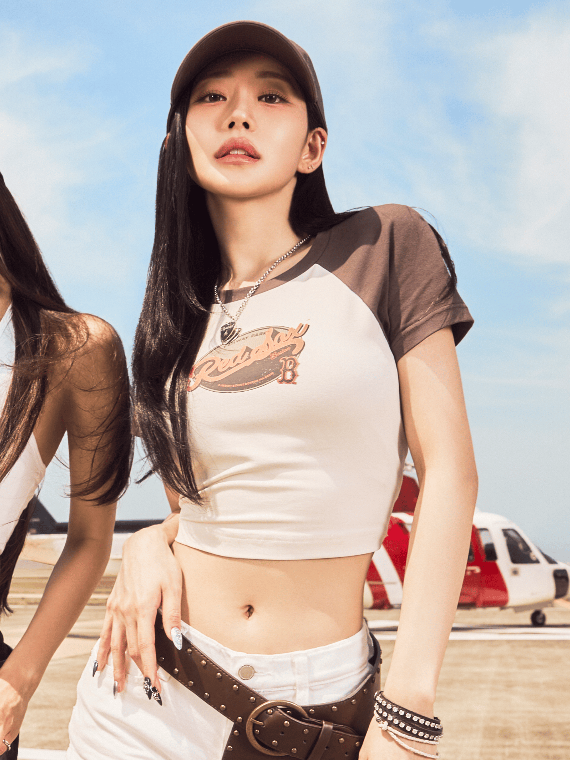 여성 빈티지 컬러블록 크롭 티셔츠 보스턴 레드삭스