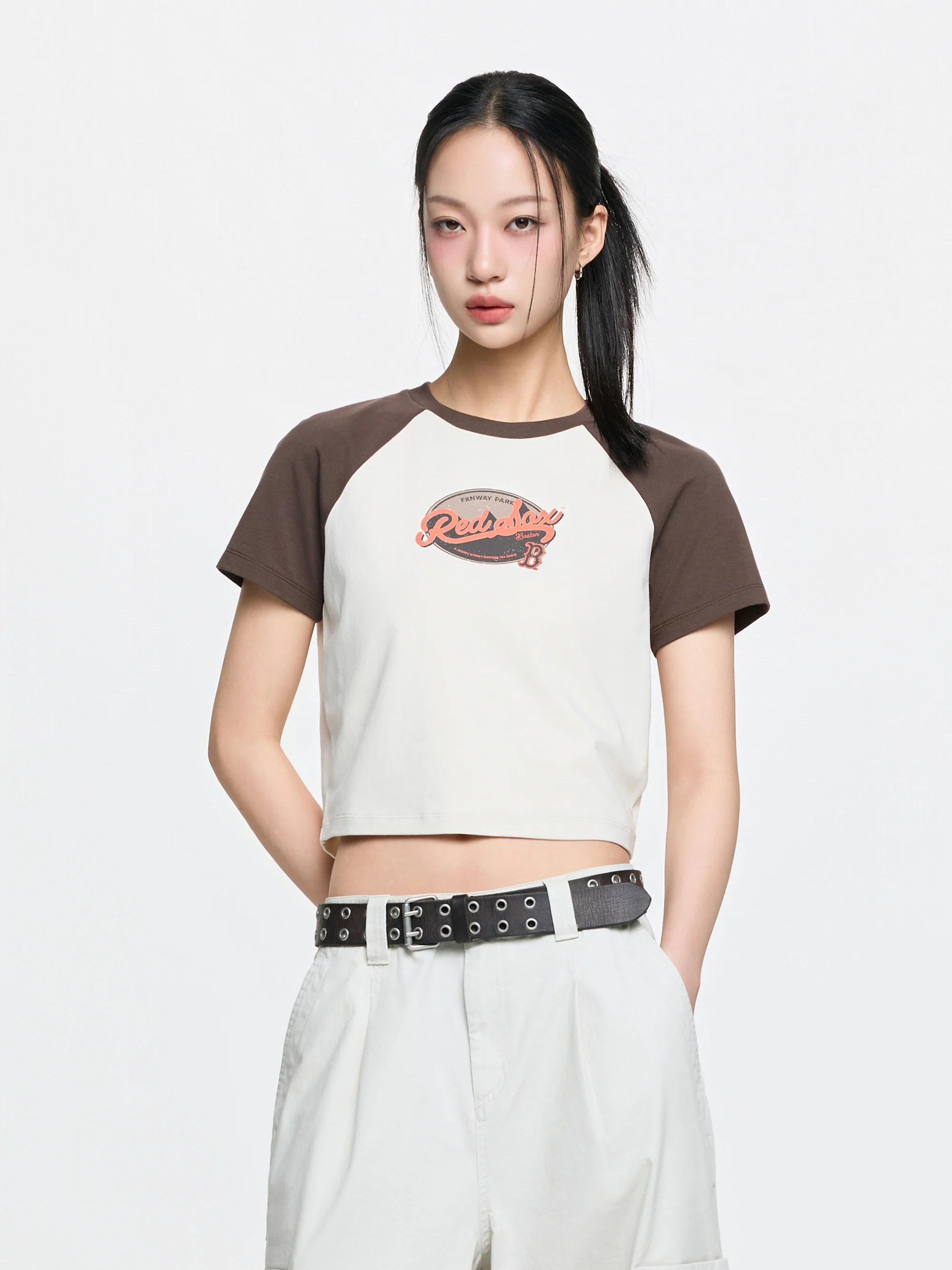 여성 빈티지 컬러블록 크롭 티셔츠 보스턴 레드삭스